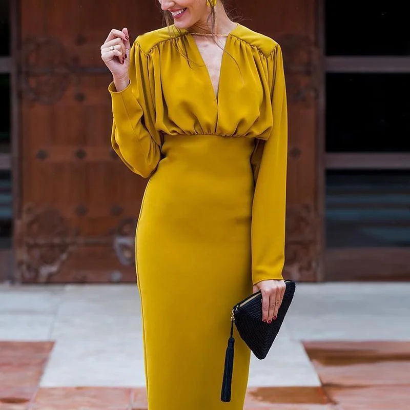 Midi dresses with abstract art prints for an artistic statement FashionSierra - Ruched Design Long Sleeve Midi Dress Women Peplum Office Dress Summer Elegant V Neck Party dresses Yellow vestidos de festa