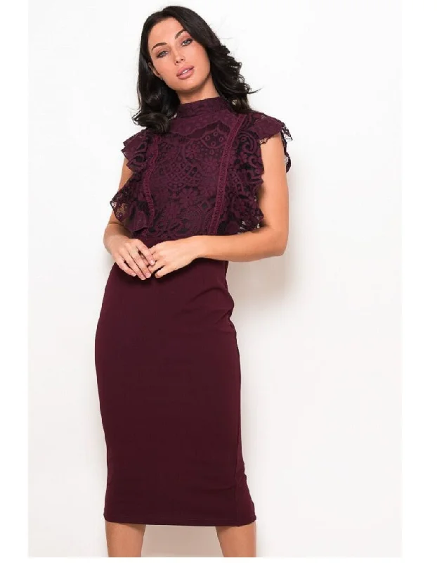 Midi dresses with ruched bodices for a feminine and fitted feel Jane Wine Lace Frilled Top Midi Dress Midi dresses with ruched bodices for a feminine and fitted feel Jane Wine Lace Frilled Top Midi Dress