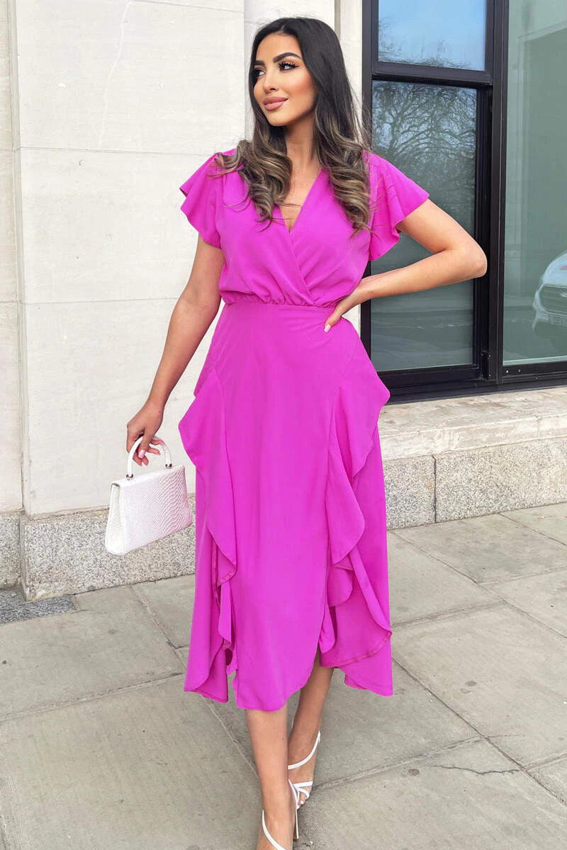 Wrap - style midi dresses in silk for a sophisticated office look Tegan Cerise Pink Split Skirt Midi Dress Wrap - style midi dresses in silk for a sophisticated office look Tegan Cerise Pink Split Skirt Midi Dress