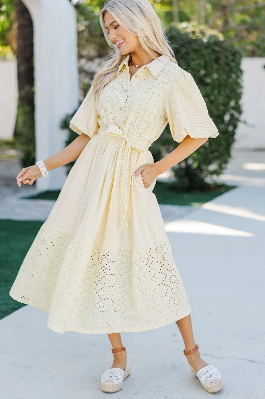 Midi dresses with bow accents for a sweet and charming look Just Imagine Lemon Yellow Striped Midi Dress Midi dresses with bow accents for a sweet and charming look Just Imagine Lemon Yellow Striped Midi Dress