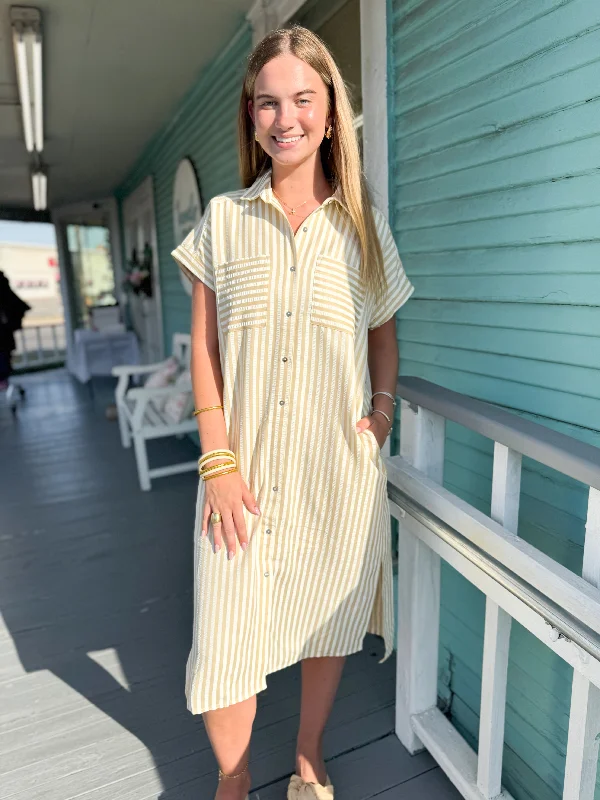 A - line midi dresses with floral prints for spring brunches The Merrion Stripe Midi Dress-Taupe A - line midi dresses with floral prints for spring brunches The Merrion Stripe Midi Dress-Taupe