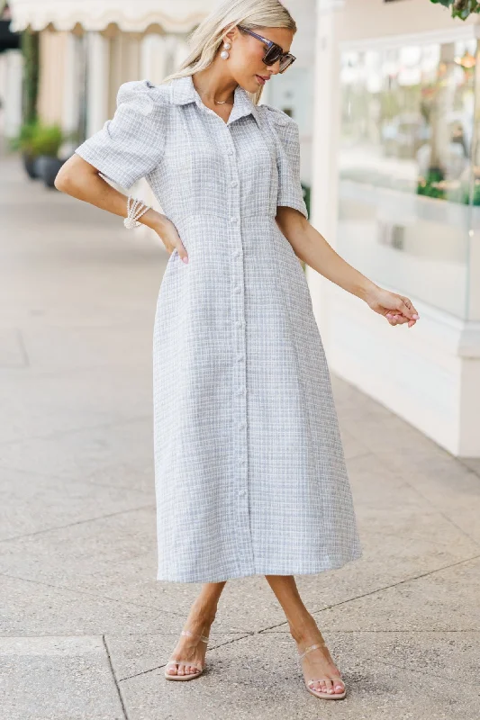 Midi dresses with tiered skirts for a bohemian festival look Take It As It Is Light Blue Tweed Midi Dress Midi dresses with tiered skirts for a bohemian festival look Take It As It Is Light Blue Tweed Midi Dress