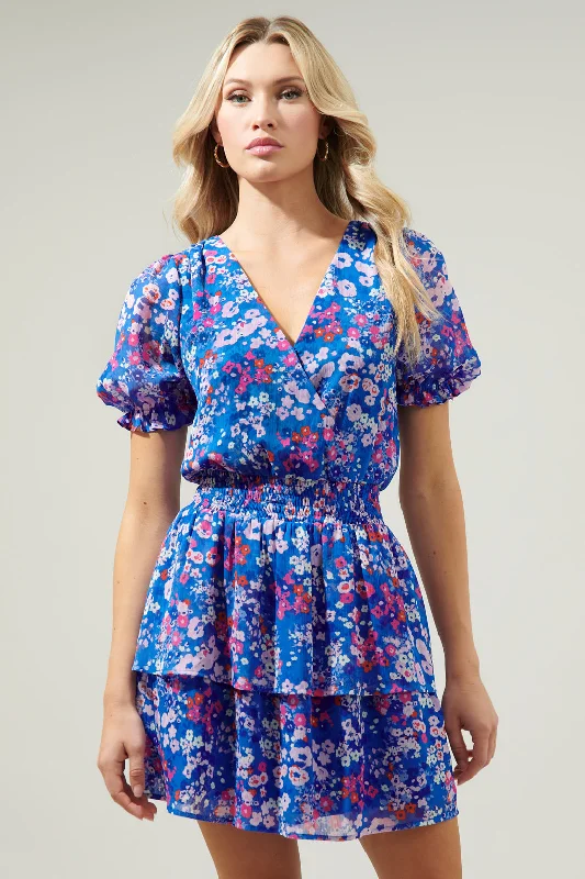 Mini dresses with cut - out details for a trendy look Junie Floral Amina Surplice Ruffle Mini Dress Mini dresses with cut - out details for a trendy look Junie Floral Amina Surplice Ruffle Mini Dress