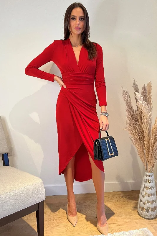 Midi dresses with abstract art prints for an artistic statement Dora Red Wrap Style Front Split Midi Dress Midi dresses with abstract art prints for an artistic statement Dora Red Wrap Style Front Split Midi Dress