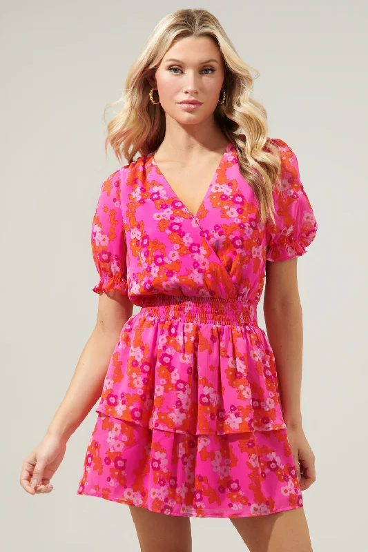 Printed mini dresses for a casual day out Poppy Punch Amina Surplice Ruffle Mini Dress Printed mini dresses for a casual day out Poppy Punch Amina Surplice Ruffle Mini Dress