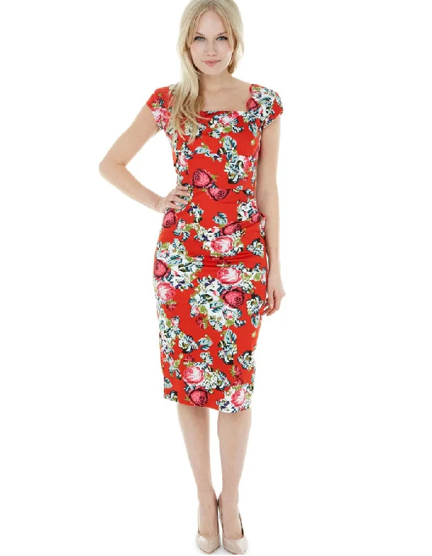 Midi dresses with asymmetric hems for a fashion - forward and dynamic appearance Dora Red Floral Pencil Style Midi Dress Midi dresses with asymmetric hems for a fashion - forward and dynamic appearance Dora Red Floral Pencil Style Midi Dress