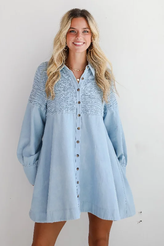 Mini dresses with one - shoulder designs Trendy Aura Light Wash Denim Mini Dress