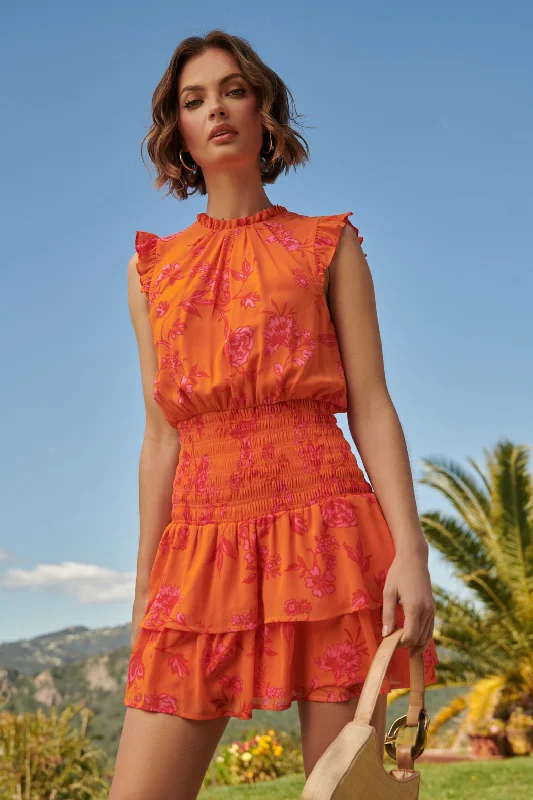 Mini dresses with asymmetric hems for a fashion - forward look Sunrise Floral Trolly Smocked Mini Dress Mini dresses with asymmetric hems for a fashion - forward look Sunrise Floral Trolly Smocked Mini Dress