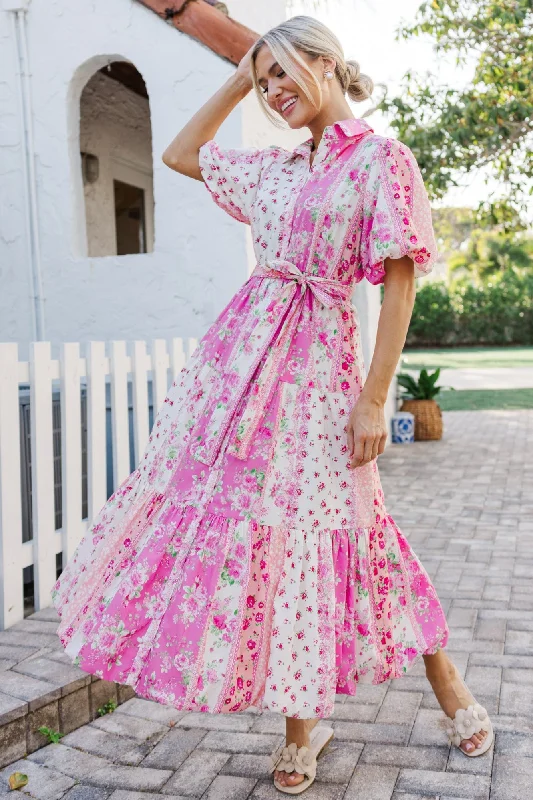 Midi dresses with ruched bodices for a feminine and fitted feel The Process Pink Floral Midi Dress Midi dresses with ruched bodices for a feminine and fitted feel The Process Pink Floral Midi Dress