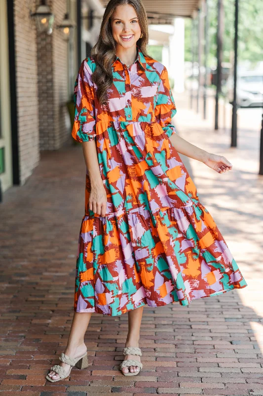 Midi dresses with cold - shoulder cutouts for a trendy style Start Your Day Brown Abstract Midi Dress Midi dresses with cold - shoulder cutouts for a trendy style Start Your Day Brown Abstract Midi Dress
