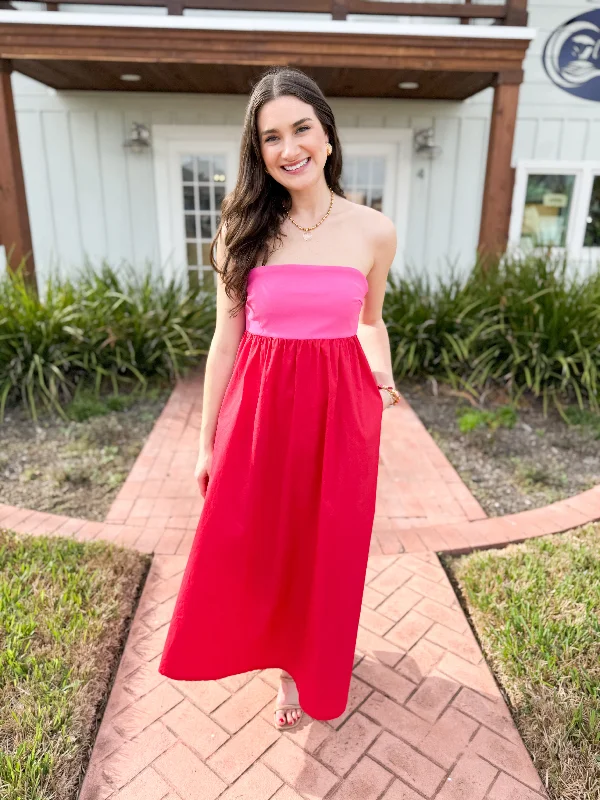 Midi dresses with pom - pom trims for a playful and festive look The Ellen Strapless Color Black Dress-Pink Midi dresses with pom - pom trims for a playful and festive look The Ellen Strapless Color Black Dress-Pink