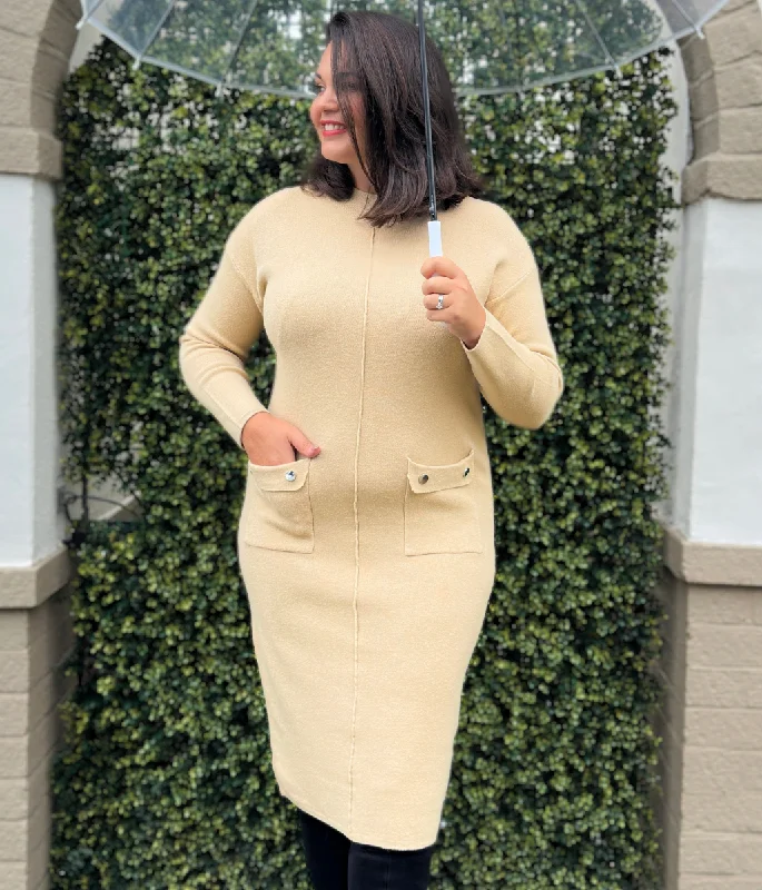 Midi dresses with pleated bodices for a classic and tailored look Camel Knitted Midi Pocket Dress Midi dresses with pleated bodices for a classic and tailored look Camel Knitted Midi Pocket Dress
