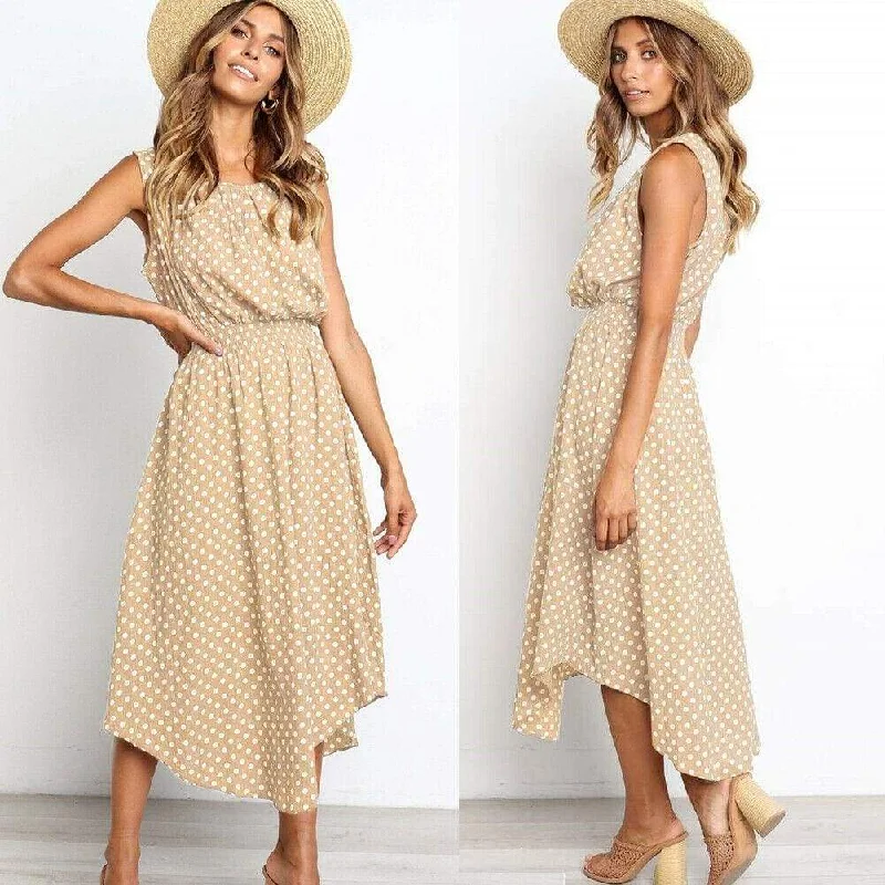 Midi dresses with pleated bodices for a classic and tailored look FashionSierra - Women Boho Sleeveless Midi Dress Polka Dot Fashion Summer Party High Waist O-Neck Holiday Beach Dress Sundress