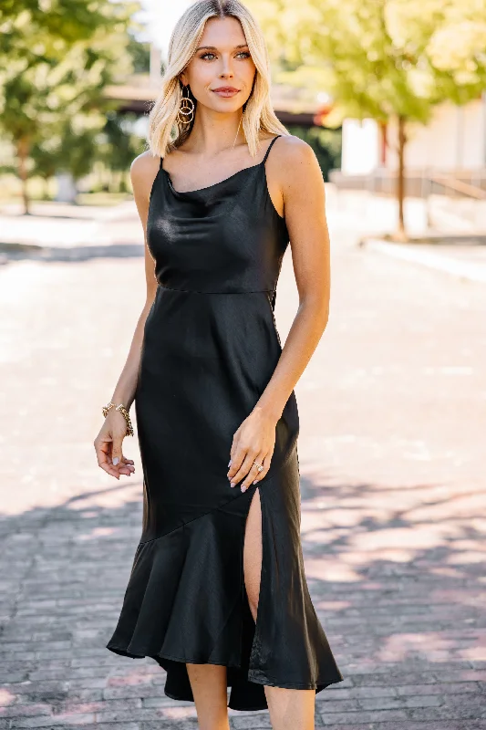 Midi dresses with V - necklines for a flattering and elongating effect Feeling Fancy Black Satin Midi Dress Midi dresses with V - necklines for a flattering and elongating effect Feeling Fancy Black Satin Midi Dress