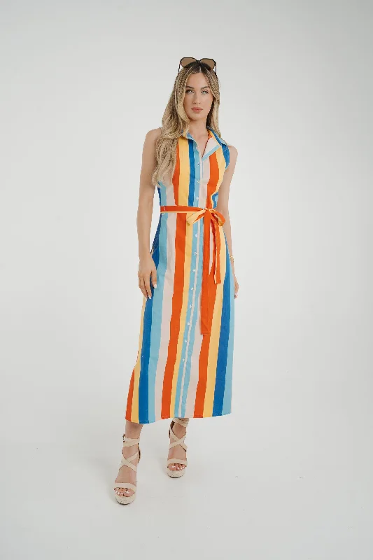 Midi dresses with metallic threads for a glamorous evening event Frankie Stripe Dress In Blue Multi Midi dresses with metallic threads for a glamorous evening event Frankie Stripe Dress In Blue Multi