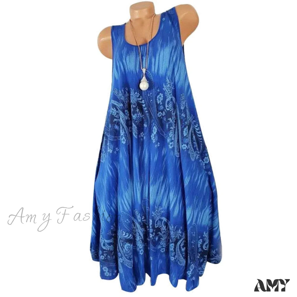 Midi dresses with fringe details for a fun and energetic style Amy Fashion - Flower Print Sleeveless Round Neck Loose Shift Dress