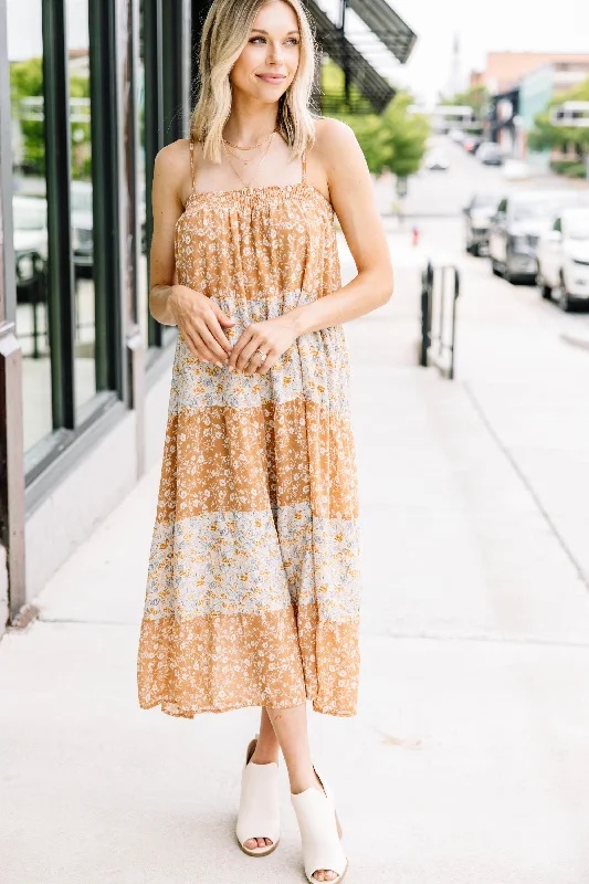 Midi dresses with cold - shoulder cutouts for a trendy style Stay With Me Taupe Brown Ditsy Floral Midi Dress Midi dresses with cold - shoulder cutouts for a trendy style Stay With Me Taupe Brown Ditsy Floral Midi Dress