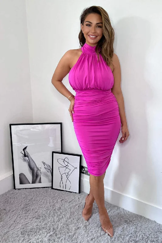 Midi dresses with animal prints for a bold and confident appearance Faith Cerise Pink Ruched High Neck Midi Dress Midi dresses with animal prints for a bold and confident appearance Faith Cerise Pink Ruched High Neck Midi Dress