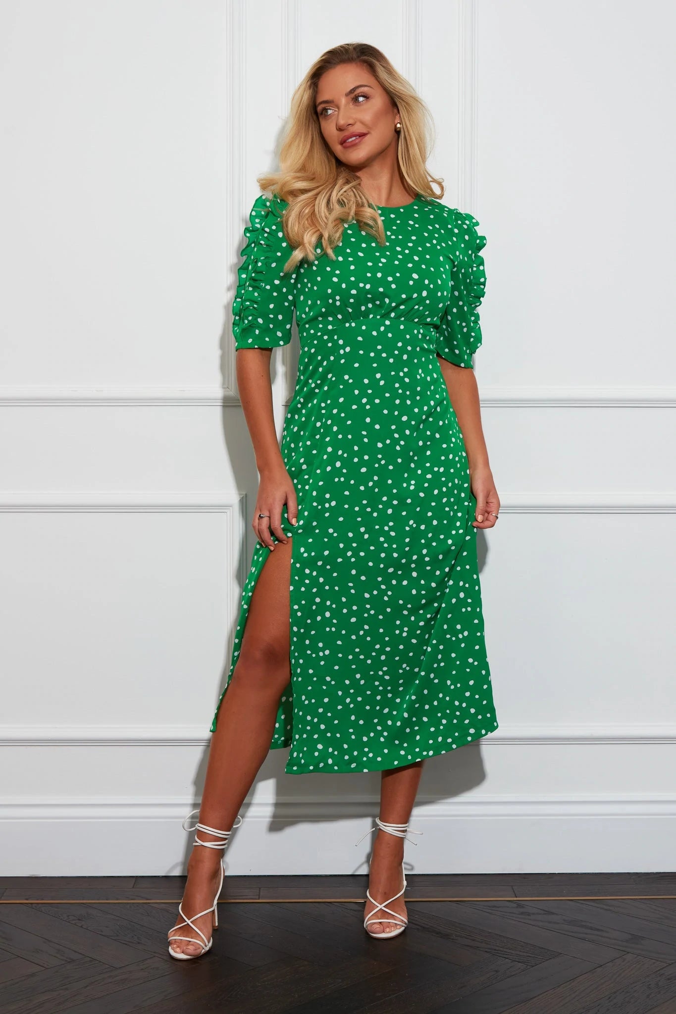 Midi dresses with tiered skirts for a bohemian festival look Carly Green Polka Dot Frill Sleeve Midi Dress Midi dresses with tiered skirts for a bohemian festival look Carly Green Polka Dot Frill Sleeve Midi Dress