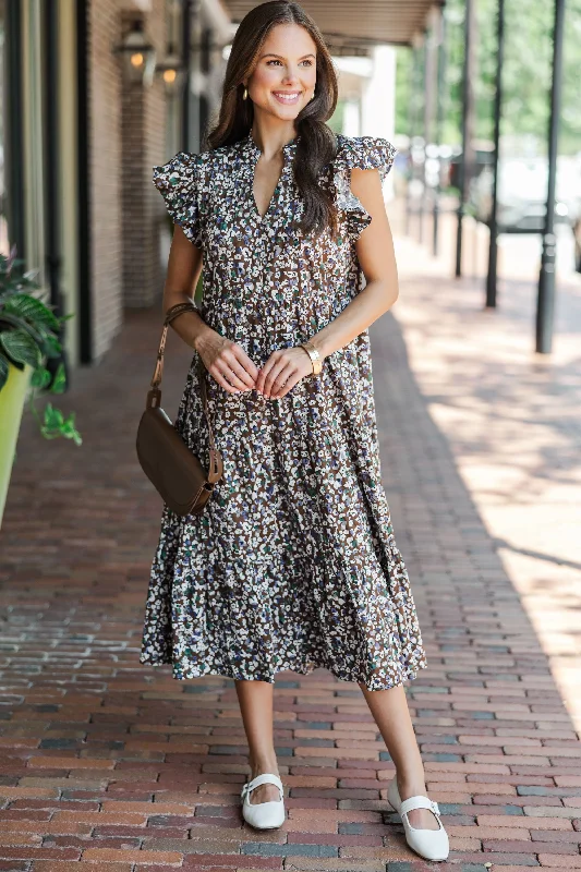 Maxi - inspired midi dresses with flowing fabrics for a beachy vibe Just For Today Brown Ditsy Floral Midi Dress Maxi - inspired midi dresses with flowing fabrics for a beachy vibe Just For Today Brown Ditsy Floral Midi Dress