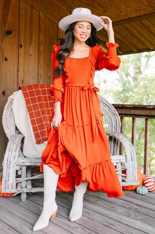 Midi dresses with lace - up fronts for a unique and adjustable style Feel Your Love Rust Orange Ruffled Midi Dress Midi dresses with lace - up fronts for a unique and adjustable style Feel Your Love Rust Orange Ruffled Midi Dress