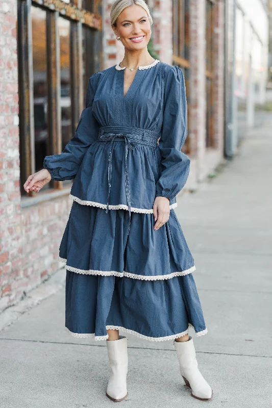Midi dresses with cotton - blend materials for everyday comfort Count You In Navy Blue Rickrack Midi Dress Midi dresses with cotton - blend materials for everyday comfort Count You In Navy Blue Rickrack Midi Dress