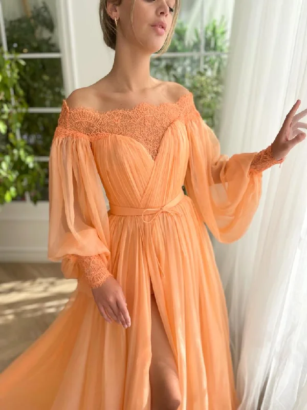 Leather mini dresses for a edgy style Melon Oasis Off-Shoulder Gown