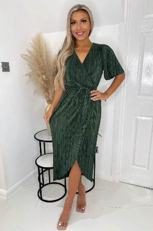 Midi dresses with mesh inserts for a trendy and breathable option Trixie Khaki Wrap Style Belted Midi Dress Midi dresses with mesh inserts for a trendy and breathable option Trixie Khaki Wrap Style Belted Midi Dress