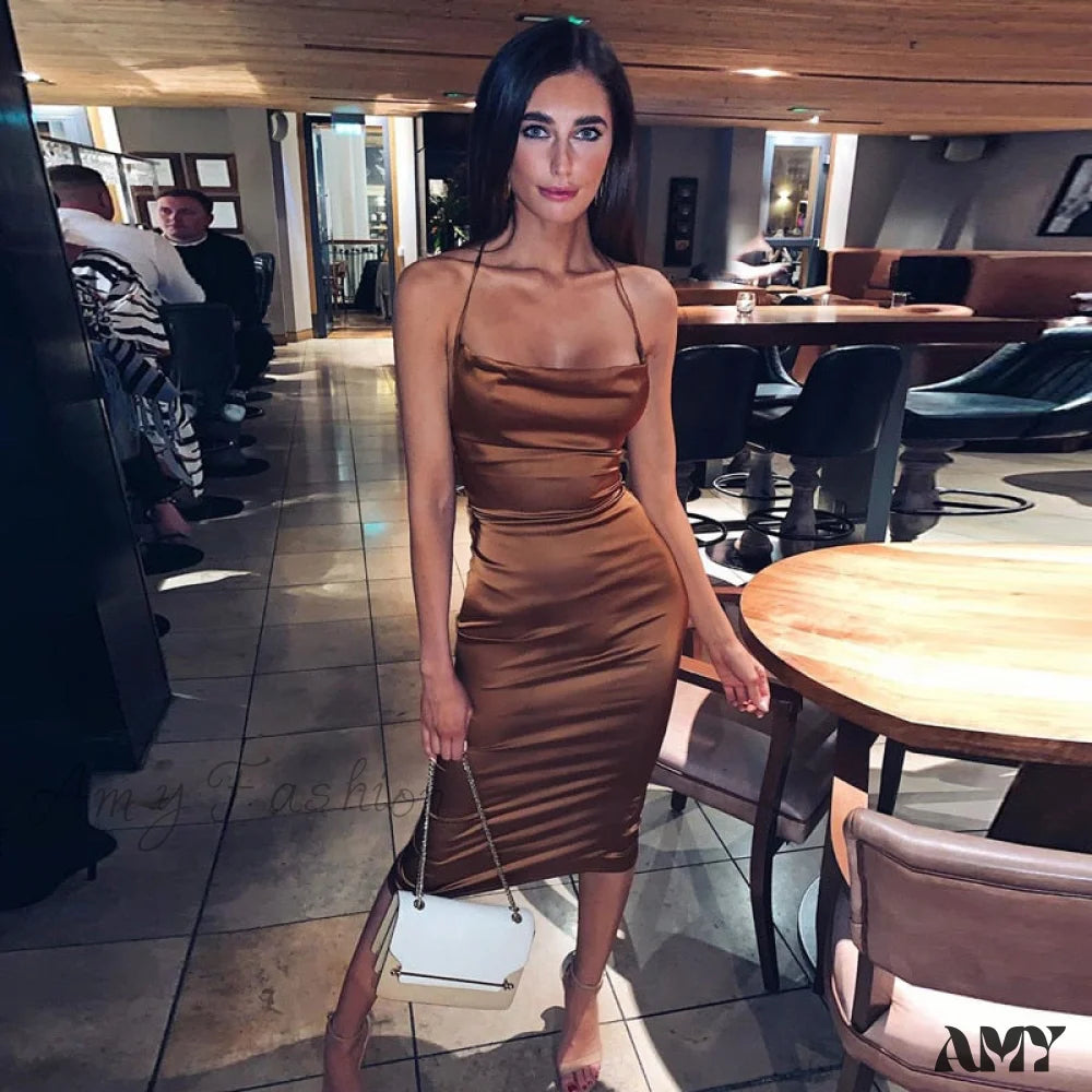 Midi dresses with one - shoulder designs for a modern and asymmetric style Amy Fashion - Satin Lace Up Midi Dress Midi dresses with one - shoulder designs for a modern and asymmetric style Amy Fashion - Satin Lace Up Midi Dress