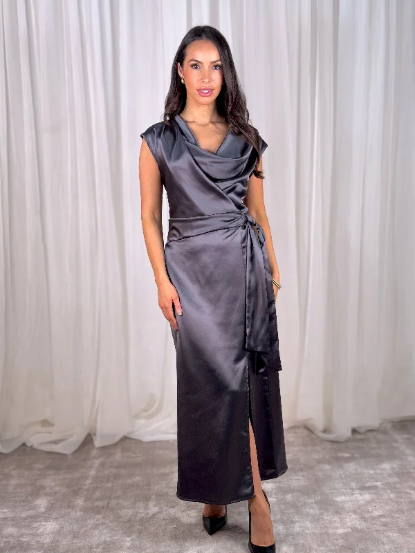 Midi dresses with ruffled bodices for a more pronounced feminine look Pia Drape Front Dress In Charcoal Midi dresses with ruffled bodices for a more pronounced feminine look Pia Drape Front Dress In Charcoal