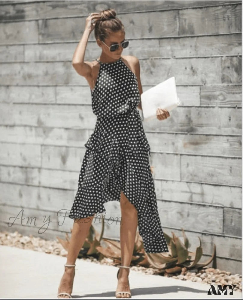 Midi dresses with tassel accents for a bohemian and free - spirited style Amy Fashion - Ruffles Halter Irregular Lace Up Dress Midi dresses with tassel accents for a bohemian and free - spirited style Amy Fashion - Ruffles Halter Irregular Lace Up Dress