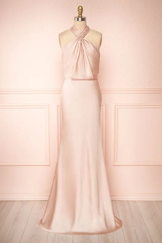 Mini dresses with cut - out details for a trendy look Jinny Champagne | Satin Halter Maxi Dress Mini dresses with cut - out details for a trendy look Jinny Champagne | Satin Halter Maxi Dress
