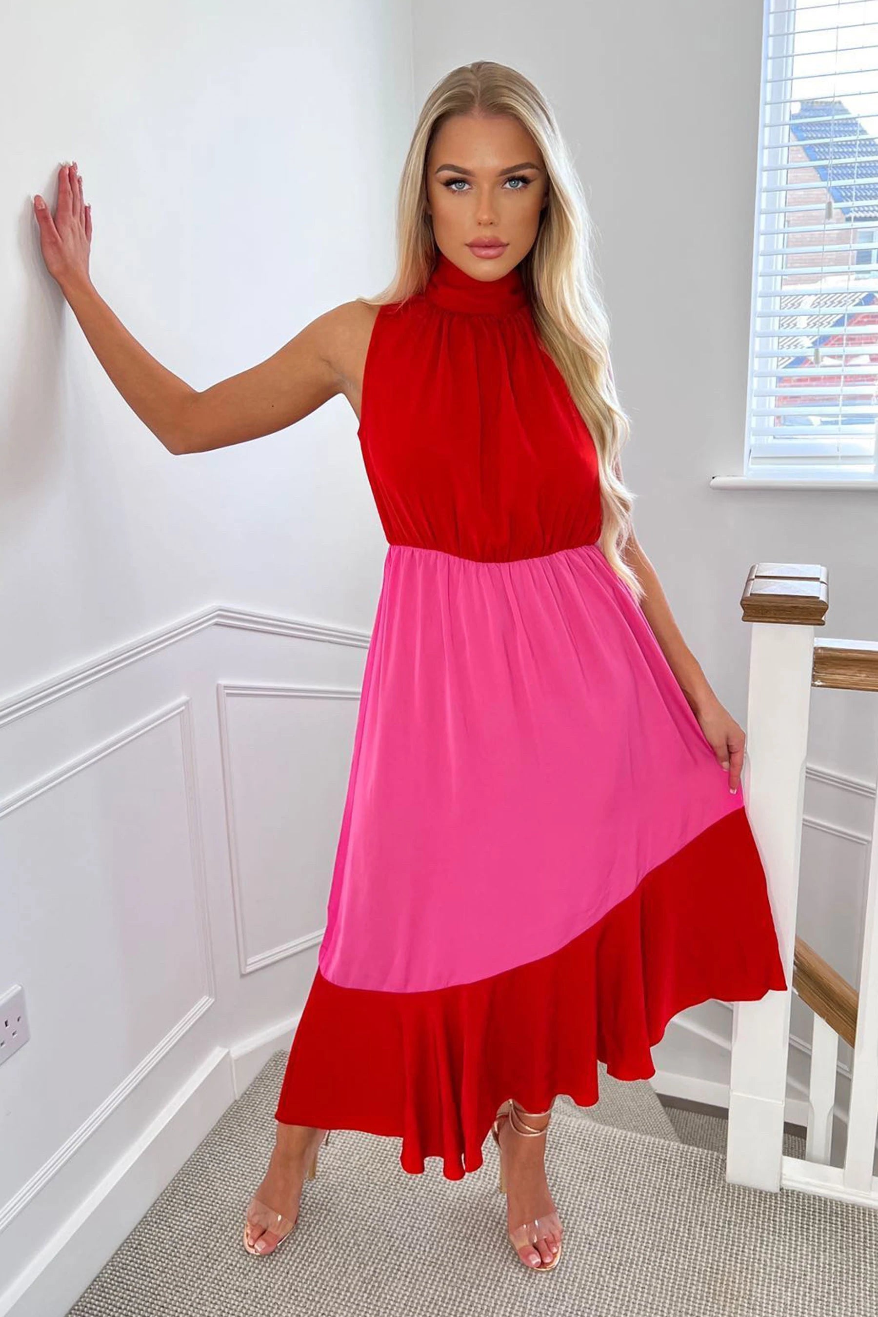 Midi dresses with button - down skirts for a unique and functional design Yvette Red and Pink High Neck Tiered Midi Dress Midi dresses with button - down skirts for a unique and functional design Yvette Red and Pink High Neck Tiered Midi Dress