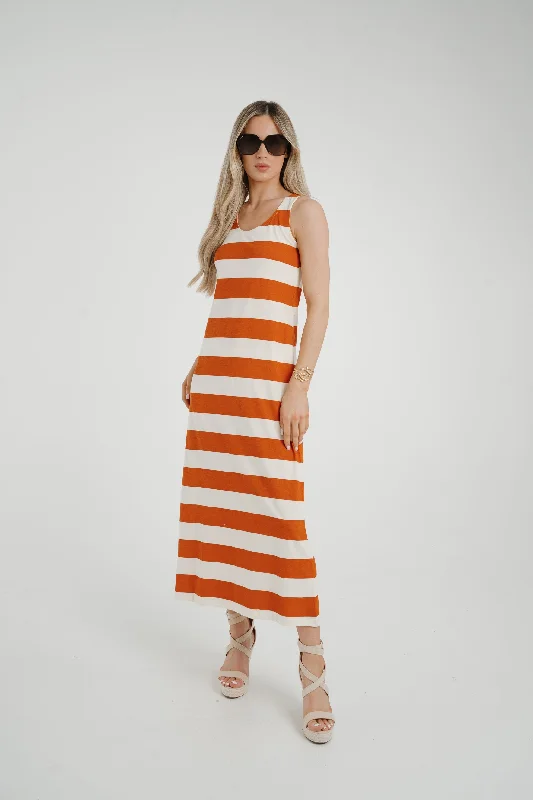 Midi dresses with sheer panels for a touch of allure Frankie Stripe Sun Dress In Orange Mix Midi dresses with sheer panels for a touch of allure Frankie Stripe Sun Dress In Orange Mix