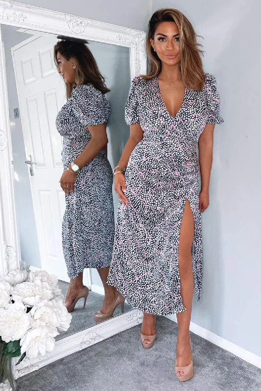 Midi dresses with printed lining for a hidden and stylish detail Becca Navy White and Pink Ruched Side Midi Dress