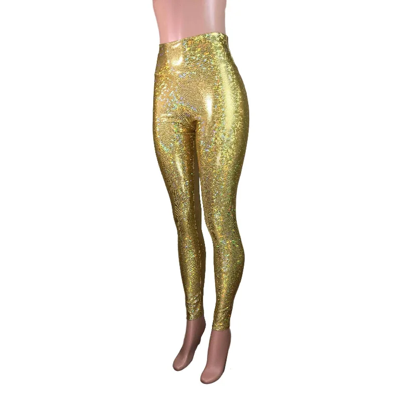 High Waist Leggings - Gold Shattered Glass Holographic Pants