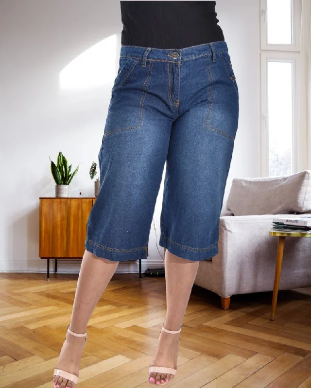 Plus Size Women's Pleated Front Dress Pants for Office WearLadies Dark Denim Capris