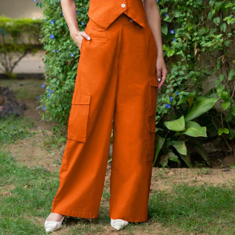 Straight - Leg Women's Vegan Leather Pants for a Chic LookOrange Cotton Poplin High-Rise Elasticated Wide Legged Cargo Pant