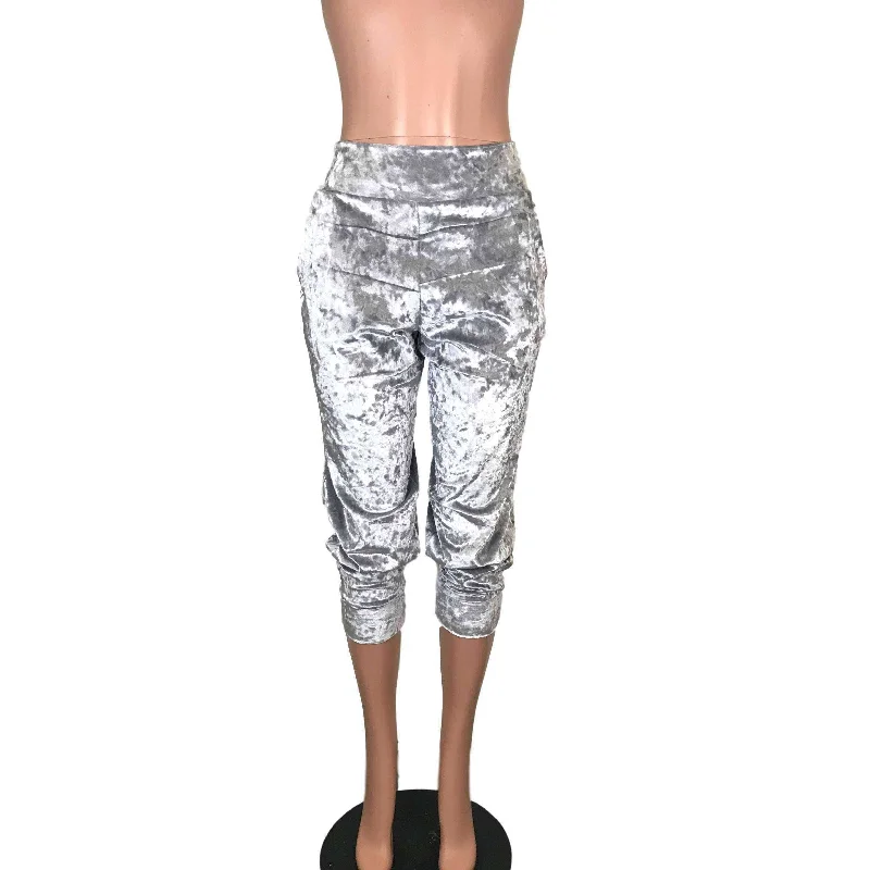 Silver Gray Crushed Velvet Joggers w/ Pockets Women's