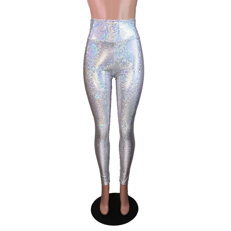 Silver Shattered Glass Holographic High Waisted Leggings Pants