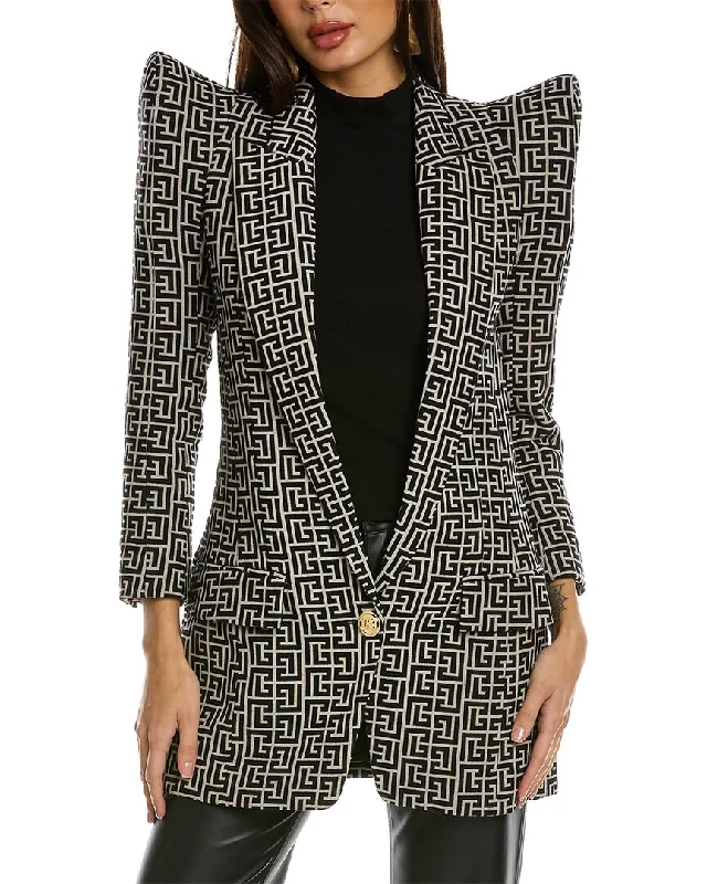 Oversized Women's Checkered Blazers in Black and White for a Trendy StyleBalmain 1-Button Shoulder Pad Monogram Wool Jacket Oversized Women's Checkered Blazers in Black and White for a Trendy StyleBalmain 1-Button Shoulder Pad Monogram Wool Jacket