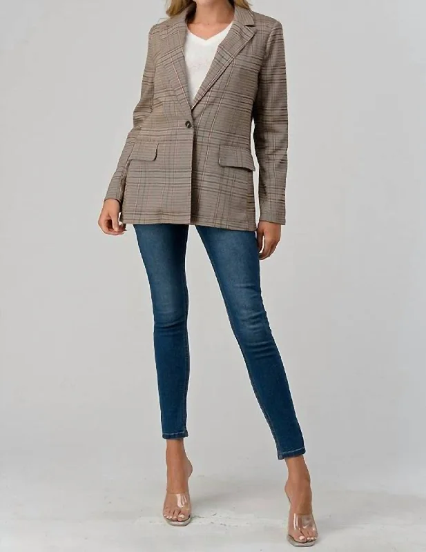 Plus Size Women's Military - Inspired Blazers with Gold Accents for a Bold LookClassic Plaid Blazer In Multi Brown Plus Size Women's Military - Inspired Blazers with Gold Accents for a Bold LookClassic Plaid Blazer In Multi Brown