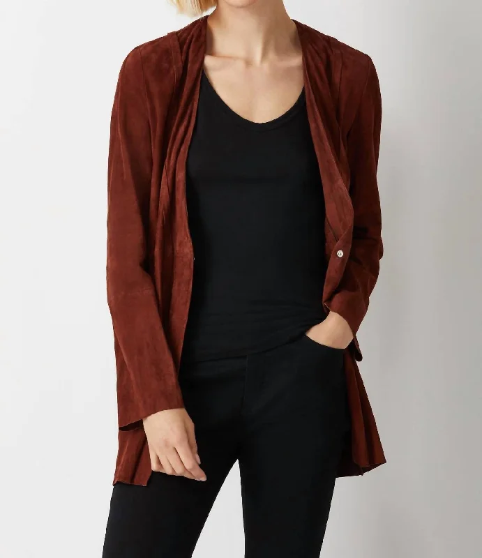 Plus Size Women's Military - Inspired Blazers with Gold Accents for a Bold LookLong Jacket With Bar Tack Detail In Cognac Plus Size Women's Military - Inspired Blazers with Gold Accents for a Bold LookLong Jacket With Bar Tack Detail In Cognac