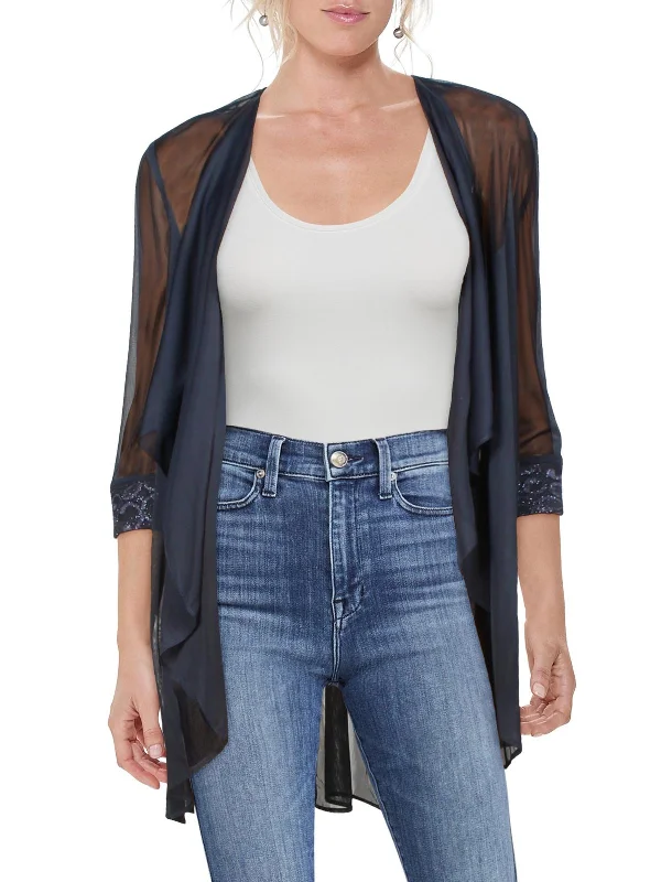 Women's Tailored Stretch Blazers in Navy Blue for Business MeetingsPetites Womens Mesh Lace-Trim Duster Blazer Women's Tailored Stretch Blazers in Navy Blue for Business MeetingsPetites Womens Mesh Lace-Trim Duster Blazer