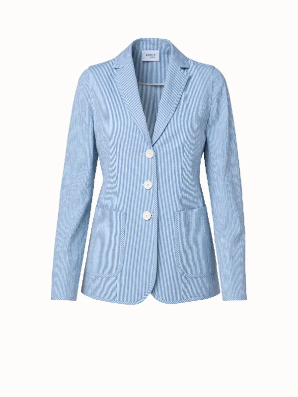Women's Belted Blazers in Camel Color for a Sophisticated OutfitSeersucker Patch Pocket 3 Button Blazer In Cream/pale Denim Women's Belted Blazers in Camel Color for a Sophisticated OutfitSeersucker Patch Pocket 3 Button Blazer In Cream/pale Denim