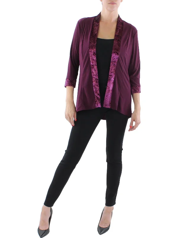 Plus Size Women's Embroidered Blazers in Floral Patterns for a Feminine TouchWomens Knit Velvet Trim Collarless Blazer Plus Size Women's Embroidered Blazers in Floral Patterns for a Feminine TouchWomens Knit Velvet Trim Collarless Blazer