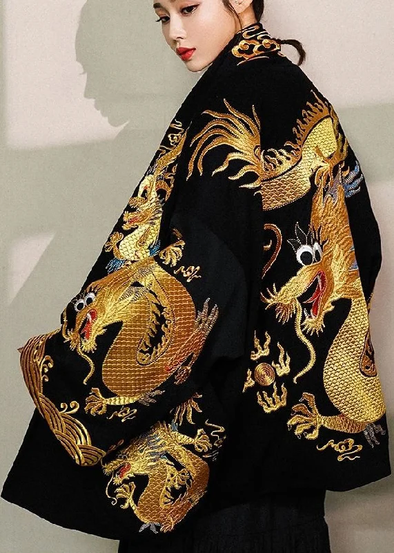 Women's cropped leather coats with silver studs for an edgy look2023 Trendy Gold Printed Dragon Oversized Cotton Cardigan Jacket Women's cropped leather coats with silver studs for an edgy look2023 Trendy Gold Printed Dragon Oversized Cotton Cardigan Jacket