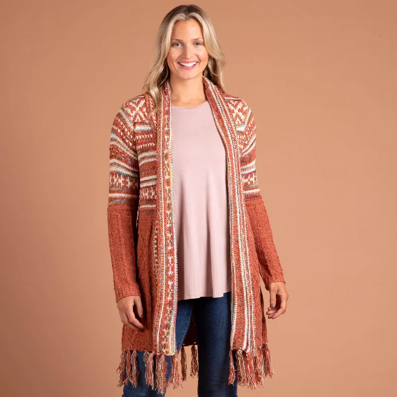 color block women cardigan with bold huesUpper Striped Duster Cardigan with Fringe