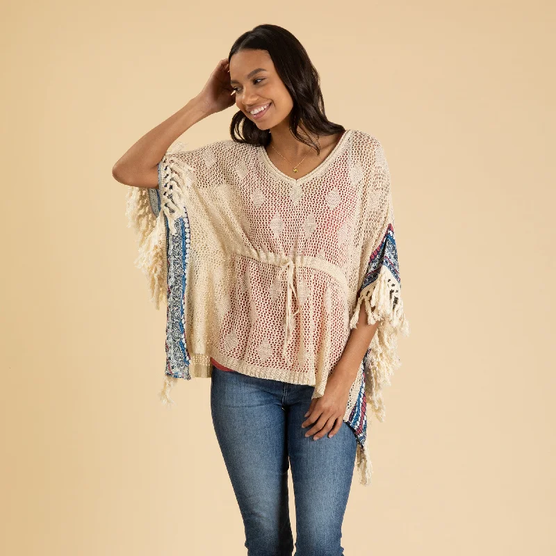 hand knitted women cardigan with artisanal charmOpen Weave Crochet Top with Fringe