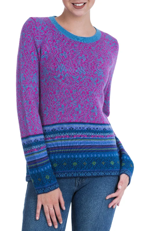 Andean Flowers 100% Alpaca Pullover in Fuchsia Floral from Peru